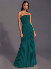 Strapless A-line Long Pleated Satin Prom Dress