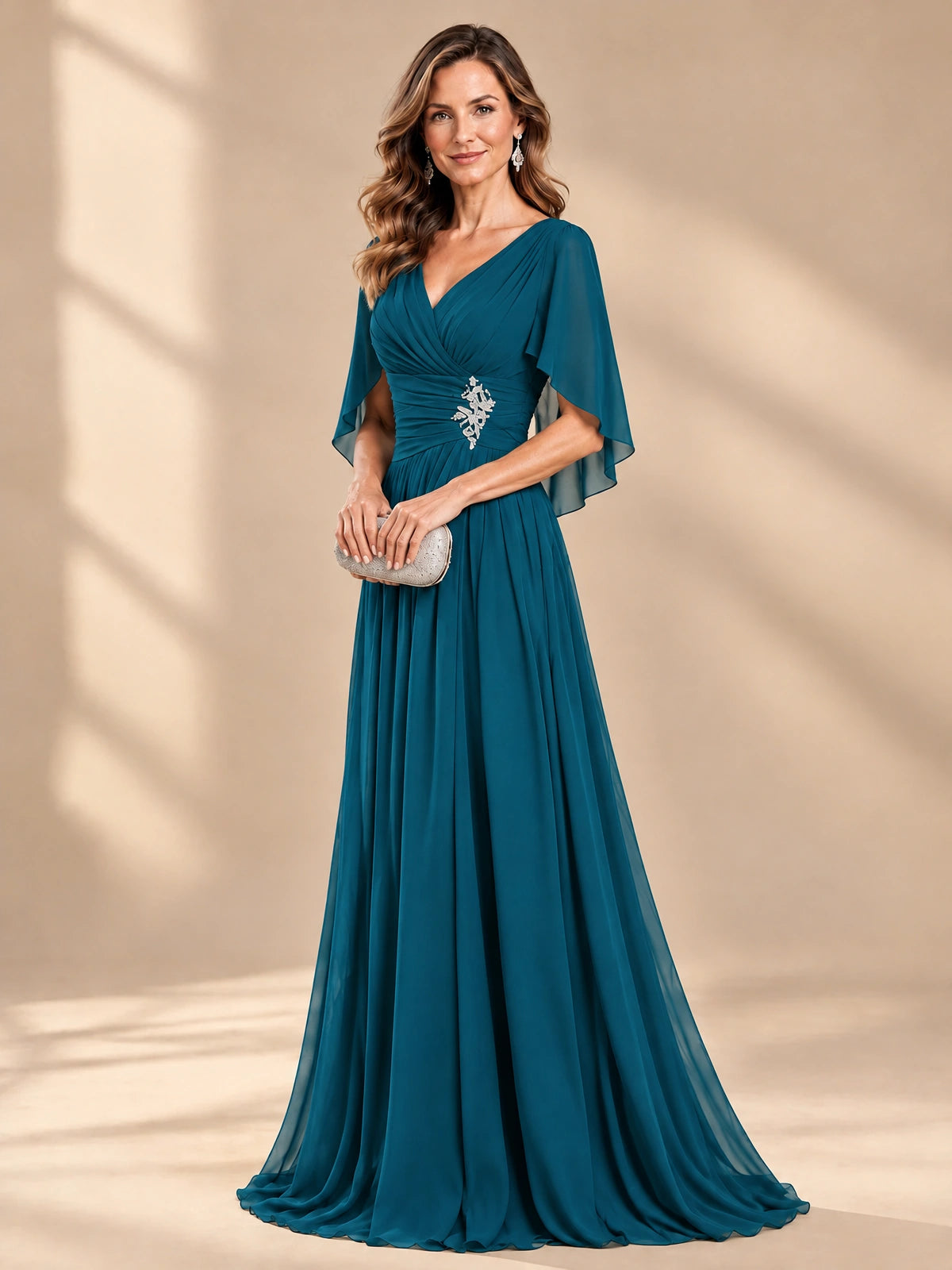 Ruched V Neck Mother of The Bride Dresses with Shawls Appliques and Cap Sleeves