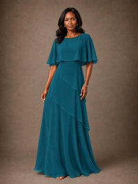 Taupe Chiffon A-Line Mother of the Bride Dress with Cape Sleeves