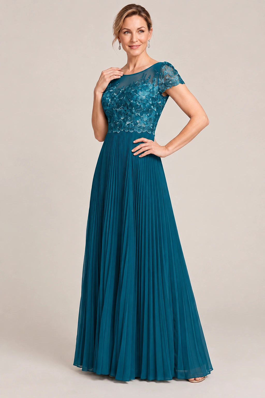 Embroidered Lace Pleated Mother of the Bride Dress