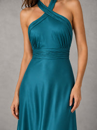Sage Green Satin A-Line Bridesmaid Dress with Halter Neck
