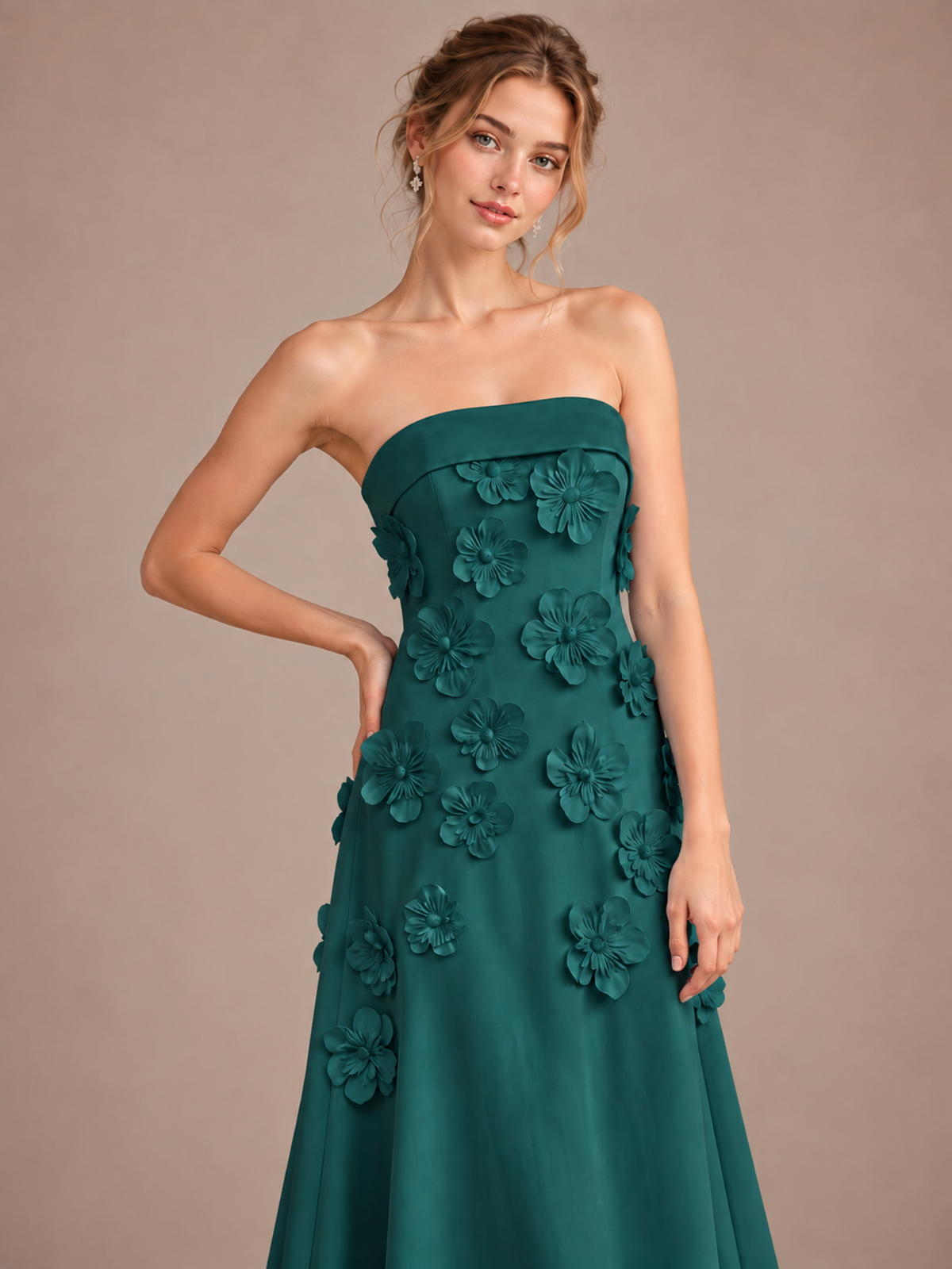 Yellow Strapless 3D Floral Appliques Maxi Dress