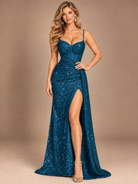 Burgundy Sequin Corset Prom Dress with High Slit