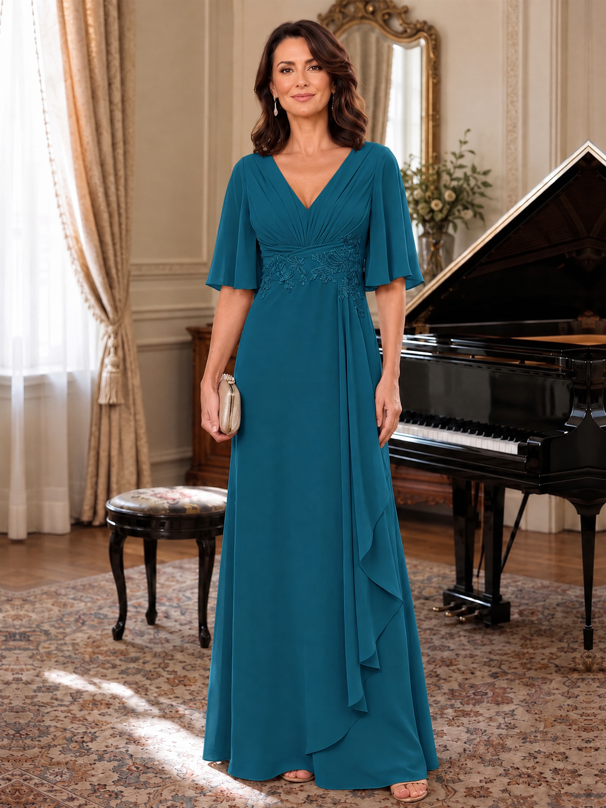 V-Neck Chiffon Lace Mother of the Bride Dresses