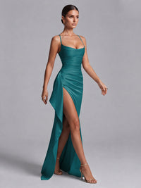 Square Neck Satin Long Prom Dress with Ruffles