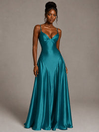 Lavender V Neck Satin Prom Dress with Spaghetti Straps