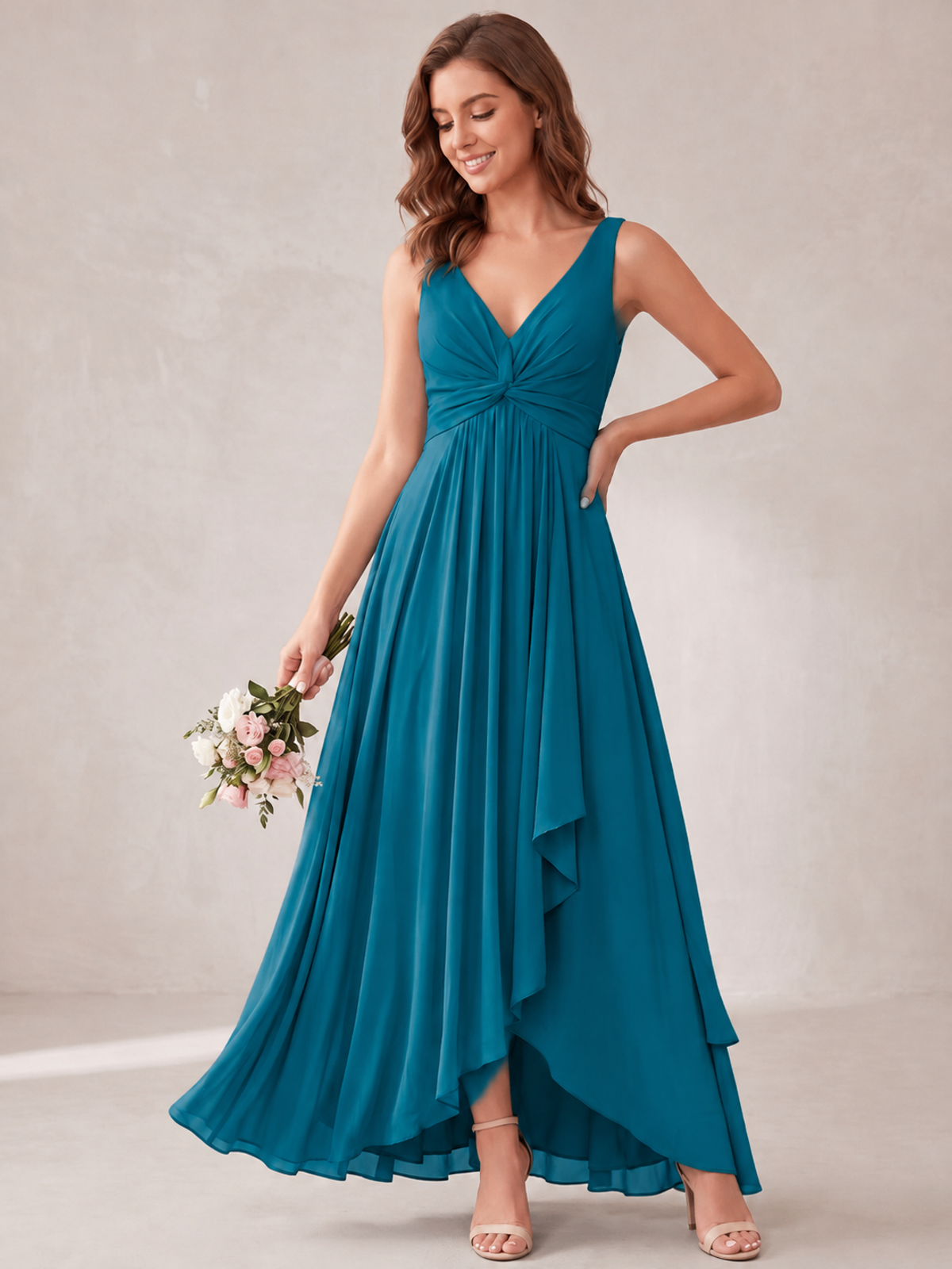 V-Neck High-Low Chiffon Bridesmaid Dress with Ruffles
