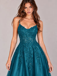 Lace Applique Satin A-Line Prom Dress with Sheer Bodice