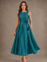 Tea-Length Satin Mother of the Bride Dress with 3D Flower Detail