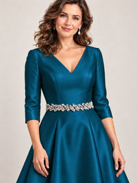 V-Neck Tea-Length Mother of the Bride Dress with Embellished Waist