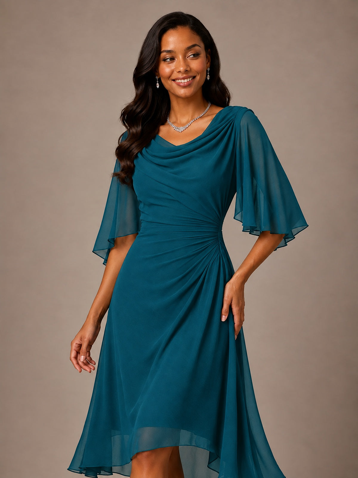 Cowl Neck Ruched Chiffon Mother of the Bride Dresses with Flutter Sleeves