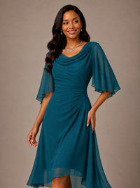 Cowl Neck Ruched Chiffon Mother of the Bride Dresses with Flutter Sleeves