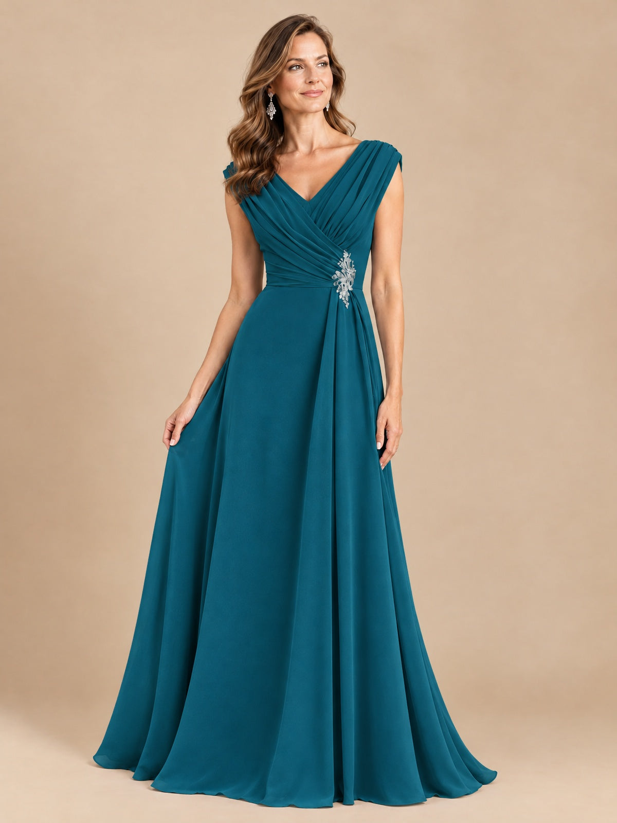 V Neck Pleated Mother of The Bride Dresses with Beading Cap Sleeves