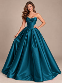 Pink Strapless Corset Satin Prom Derss & Ball Gown with 3D Floral
