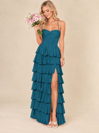 Ruffled Tiered Chiffon Prom Dress Spaghetti Straps Formal Maxi Dress with Slit