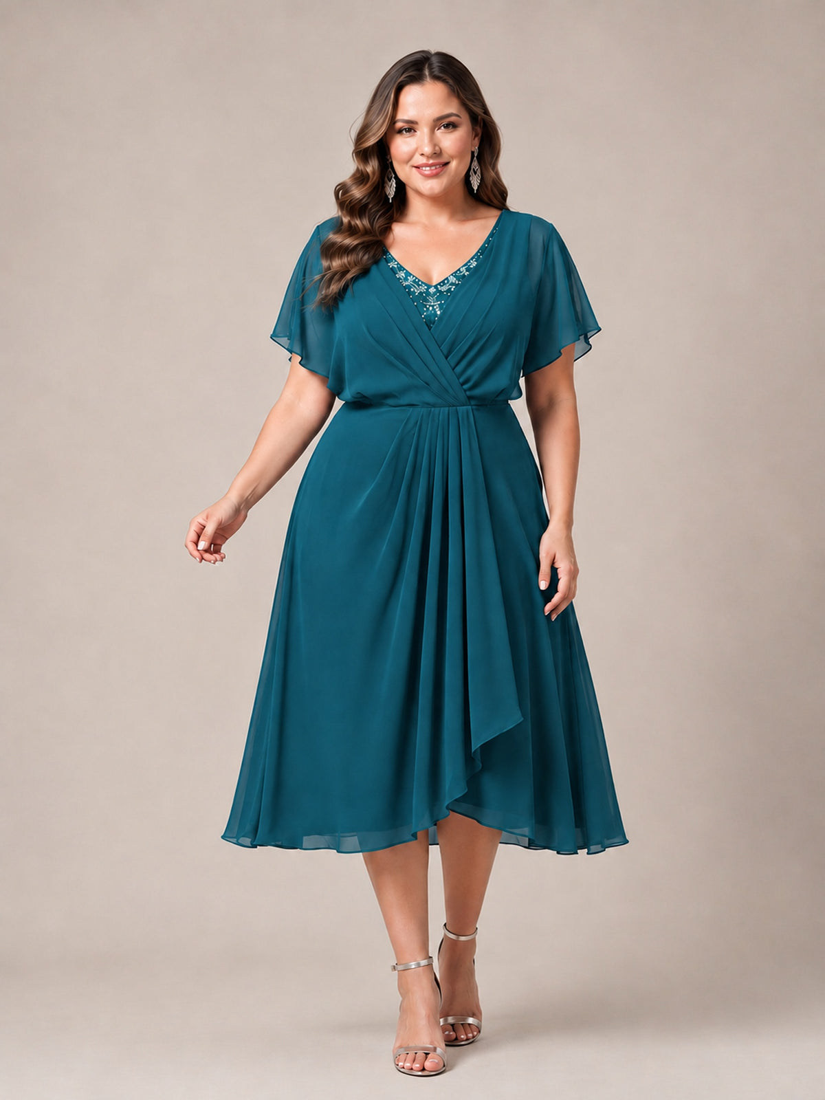 Navy Blue A-Line V-Neck Tea-Length Mother of the Bride Dress