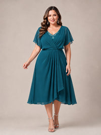 Navy Blue A-Line V-Neck Tea-Length Mother of the Bride Dress
