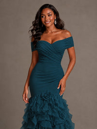 Pink Off-the-Shoulder Mermaid Prom Dress with Ruffles 3D Flowers