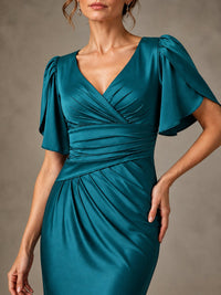 V-Neck Satin Mother of the Bride Dress with Flutter Sleeves
