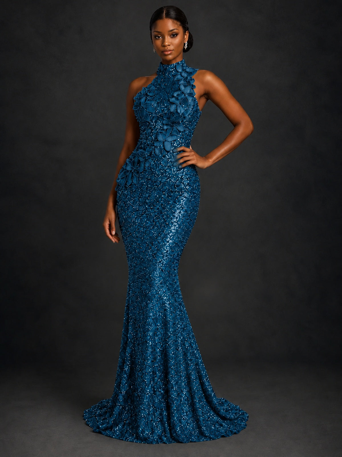 Sparkly Sequin High Neck Mermaid Prom Dress