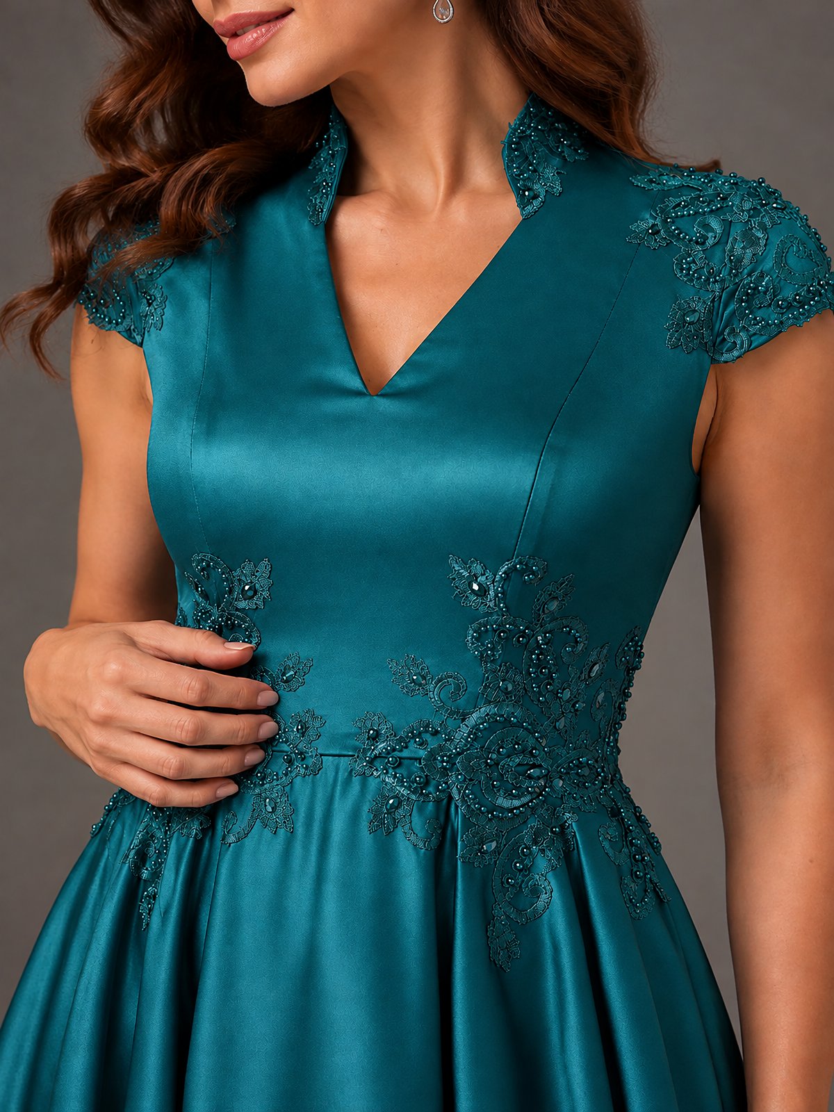 Lace Appliqué A-Line Satin Maxi Dress