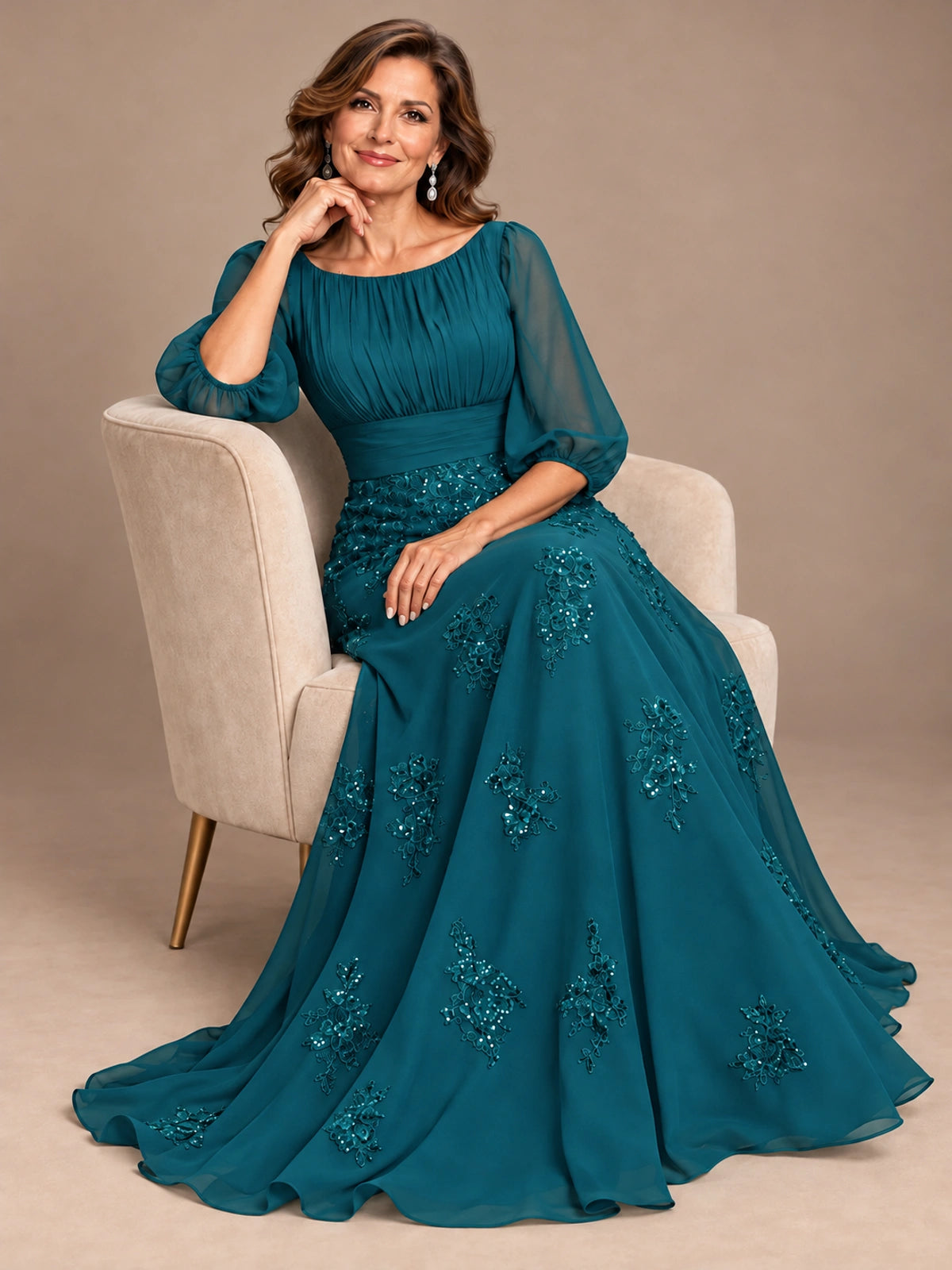 A-Line Mother of the Bride Dress with Sheer Puff Sleeves