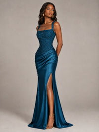 Scoop Neck Sequin Prom Dress with High Slit Satin Formal Gowns