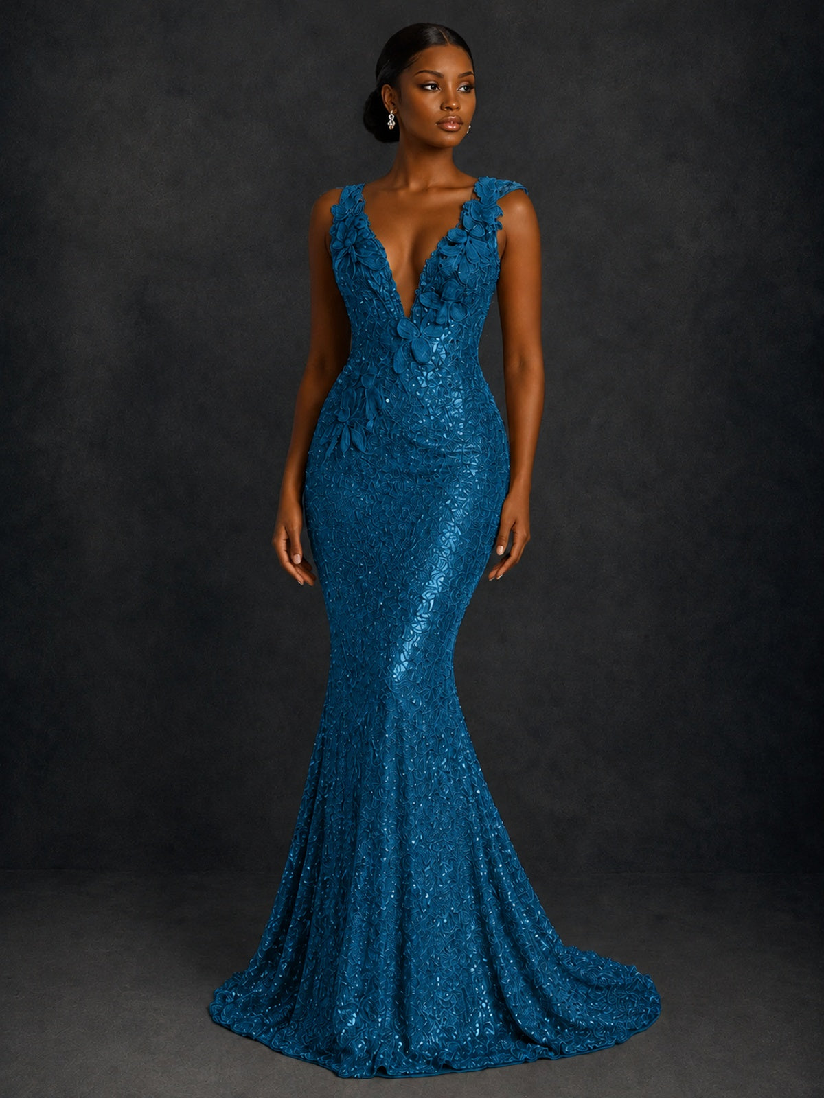 Gold Sequin Floral Applique Mermaid Prom Dress