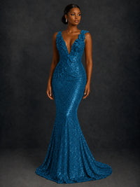 Gold Sequin Floral Applique Mermaid Prom Dress
