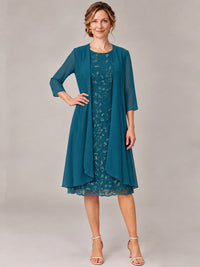 Tea Length Sequin Lace Mother of The Bride Dress with Chiffon Jacket