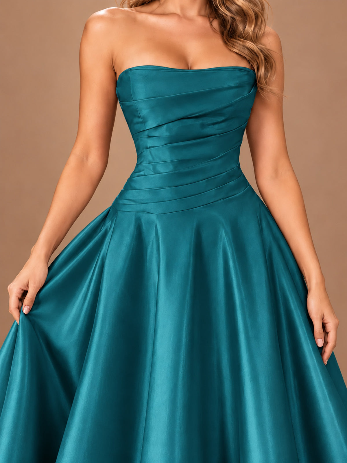 Blush Pink Strapless Satin A-Line Prom Dress with Ruched Bodice