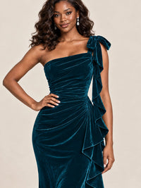 Black Velvet One-Shoulder Mermaid Evening Gown with Bow & Ruffles