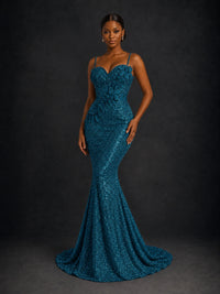 Sequin Mermaid Prom Dress with Floral Applique
