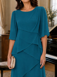 Asymmetric Draped Chiffon Mother of the Bride Dress with Flutter Sleeves