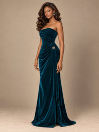 Burgundy Velvet Strapless Ruched Prom Dress with Jeweled Side Drape