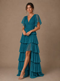 Chiffon V-Neck Tiered Ruffle Bridesmaid Dress with Slit