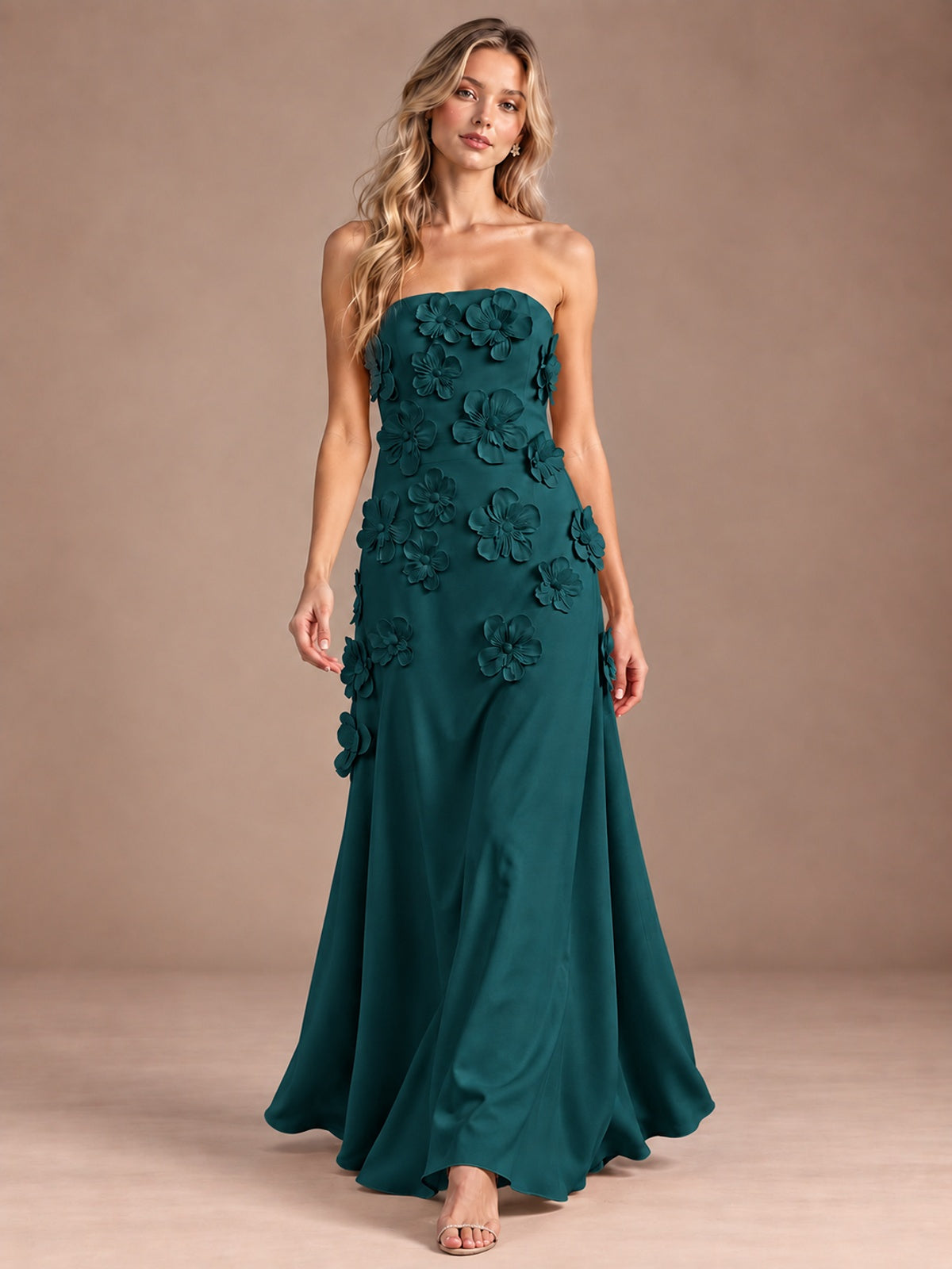 Yellow Strapless A-line Satin Maxi Dress with 3D Floral