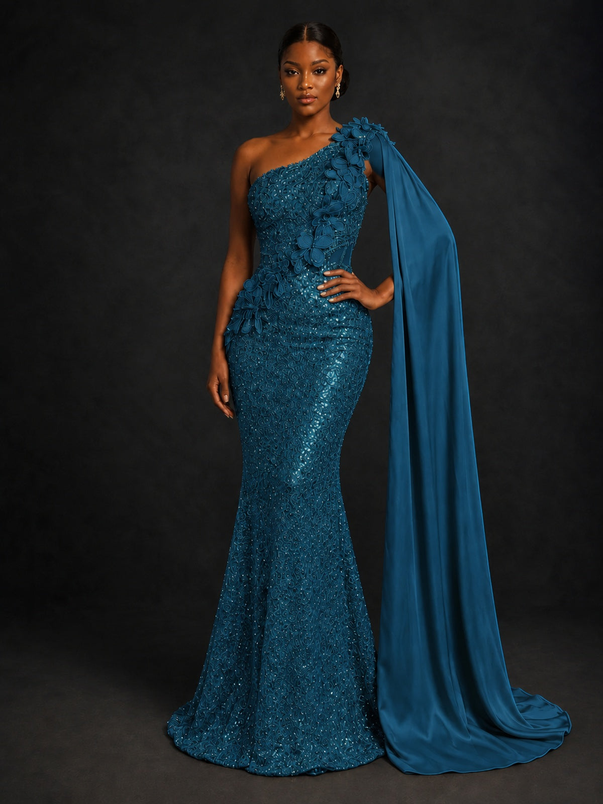 Gold Sequin One Shoulder Mermaid Prom Dress with Cape