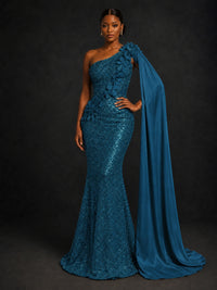 Gold Sequin One Shoulder Mermaid Prom Dress with Cape