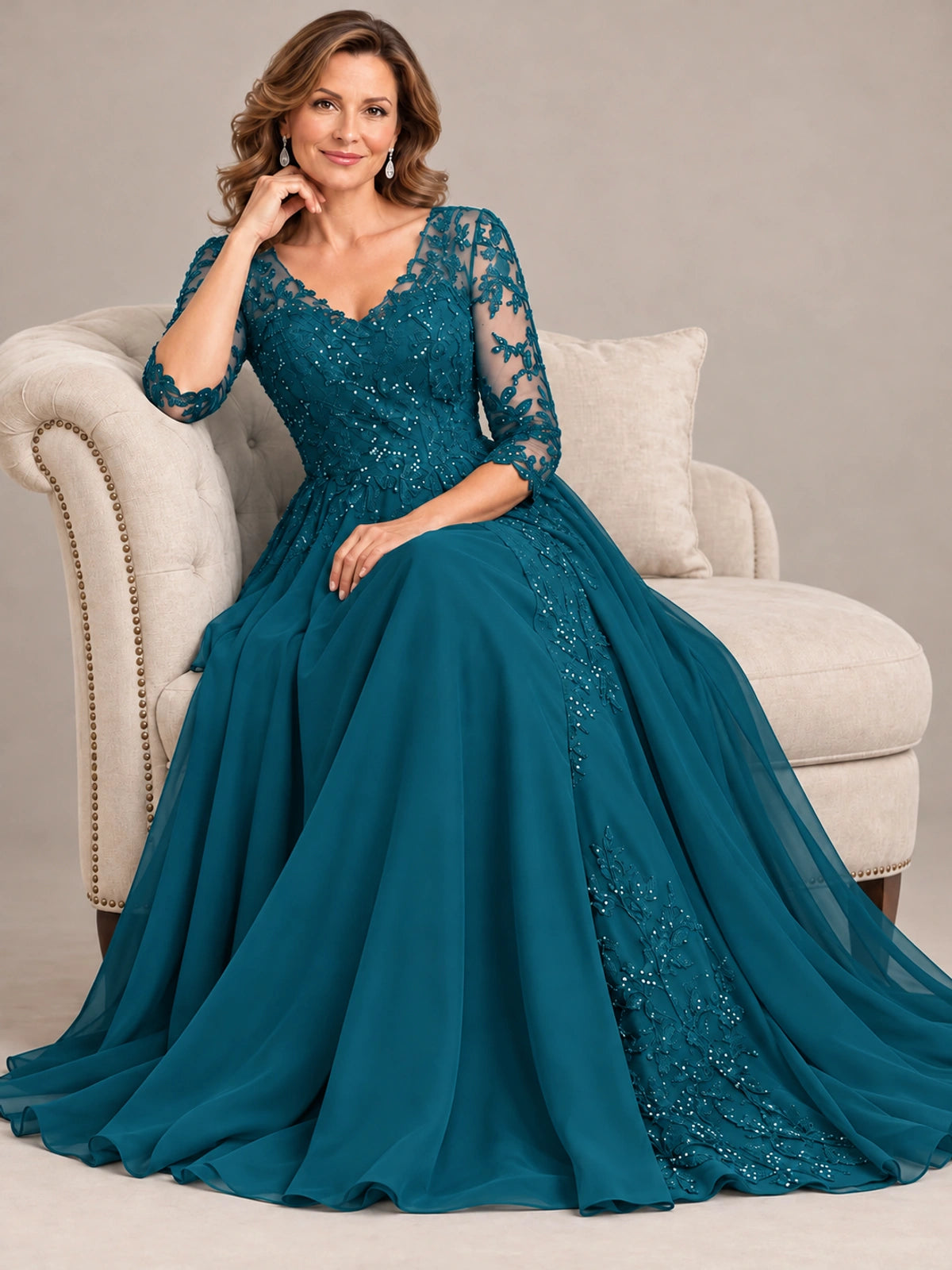 Sequin Lace A-Line Mother of the Bride Dress with 3/4 Sleeves