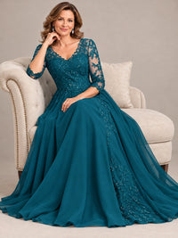 Sequin Lace A-Line Mother of the Bride Dress with 3/4 Sleeves