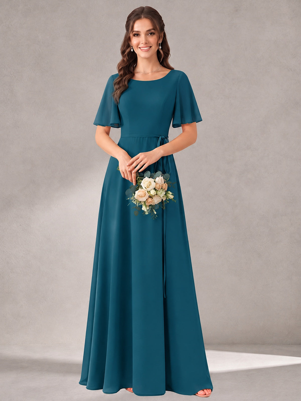 Scoop Neck A-line Chiffon Bridesmaid Dress with Flutter Sleeve & Belt