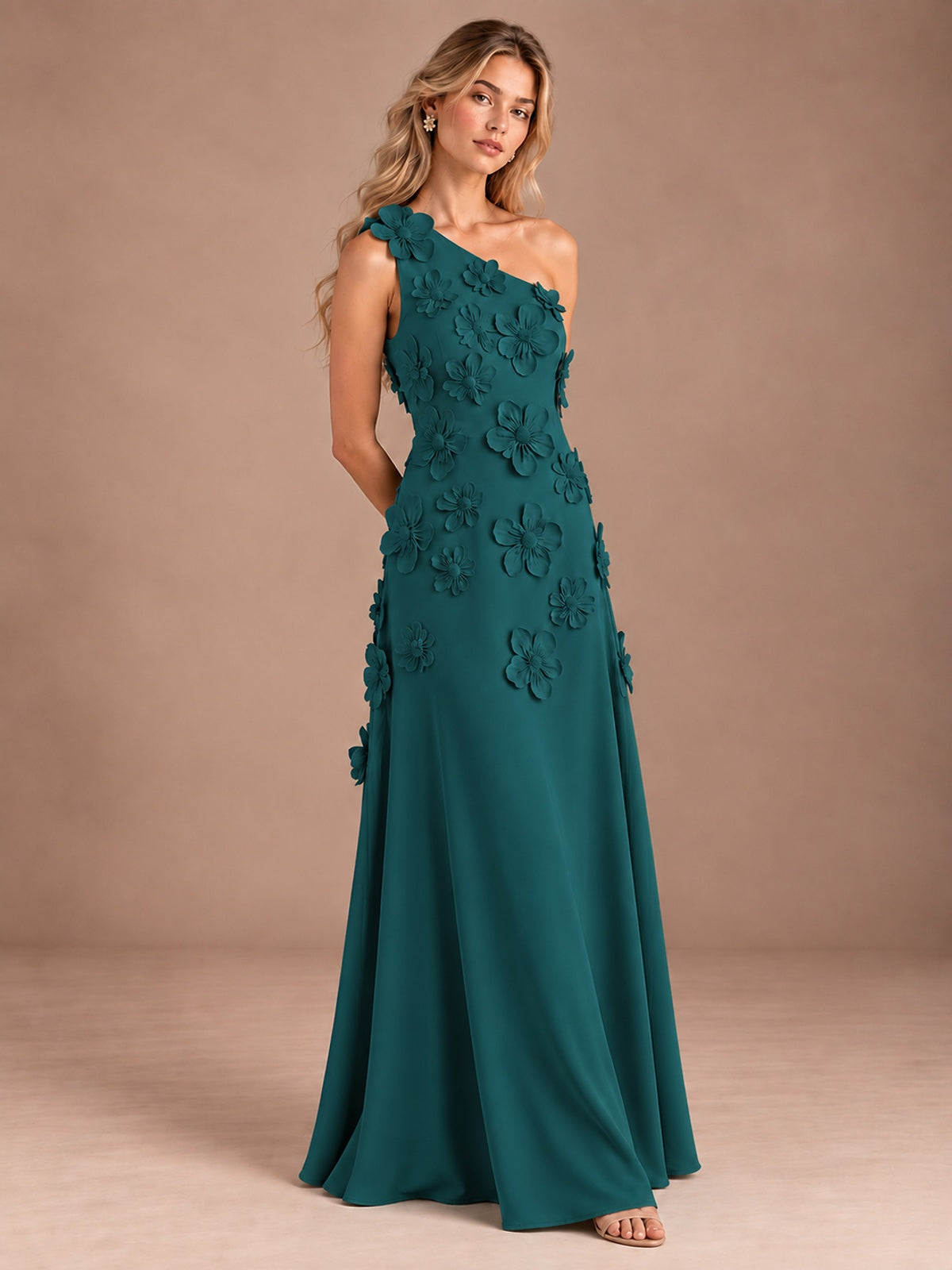Sage Green One Shoulder Satin Formal Maxi Dress with 3D Floral