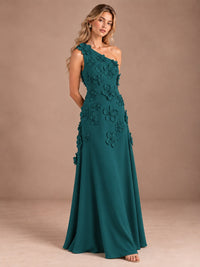 Sage Green One Shoulder Satin Formal Maxi Dress with 3D Floral