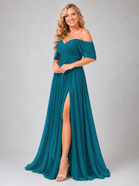 Off Shoulder Chiffon Bridesmaid Dress with Slit
