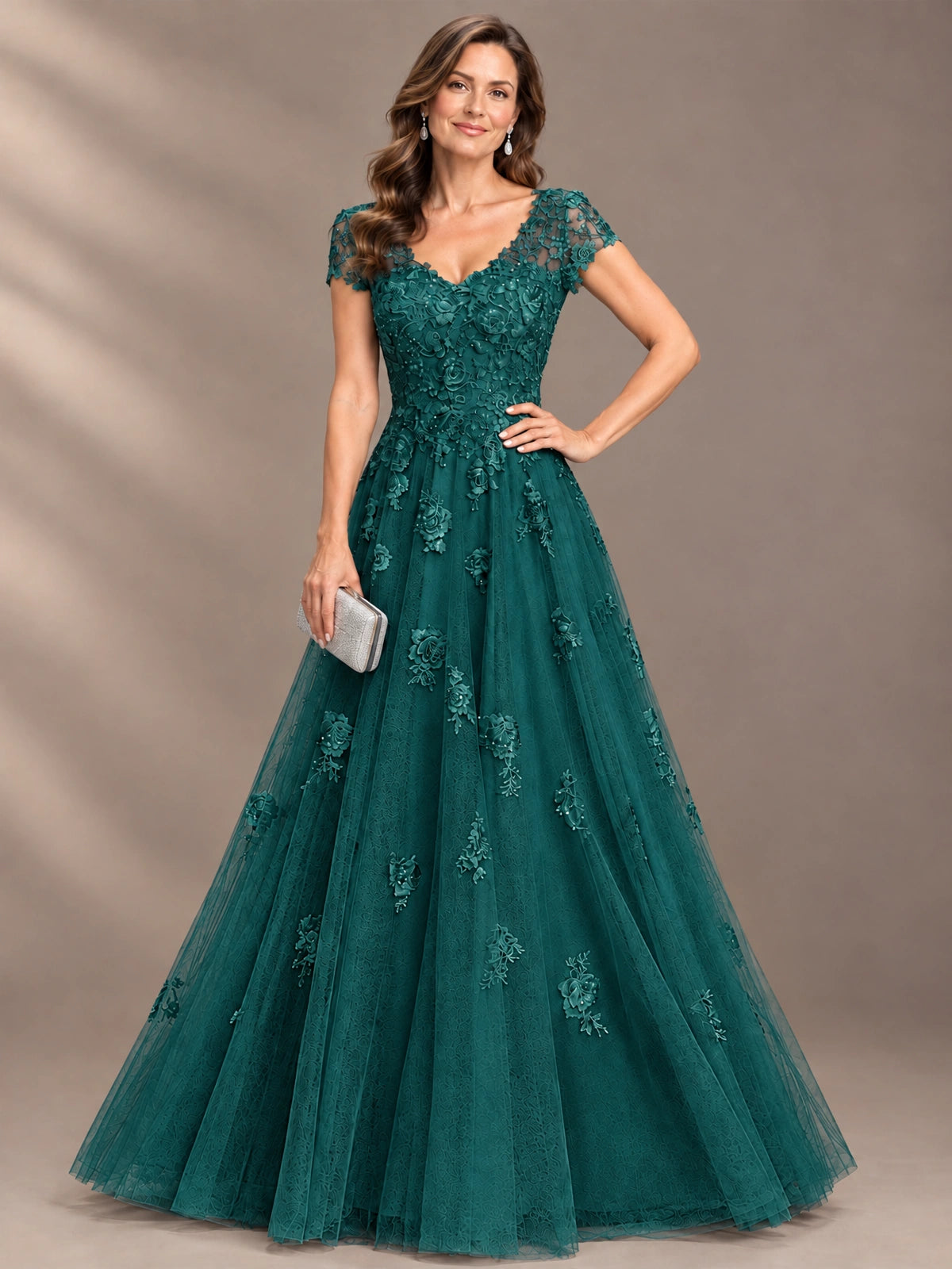 Lace Appliques A-line Mother of The Bride Dresses with Short Sleeves