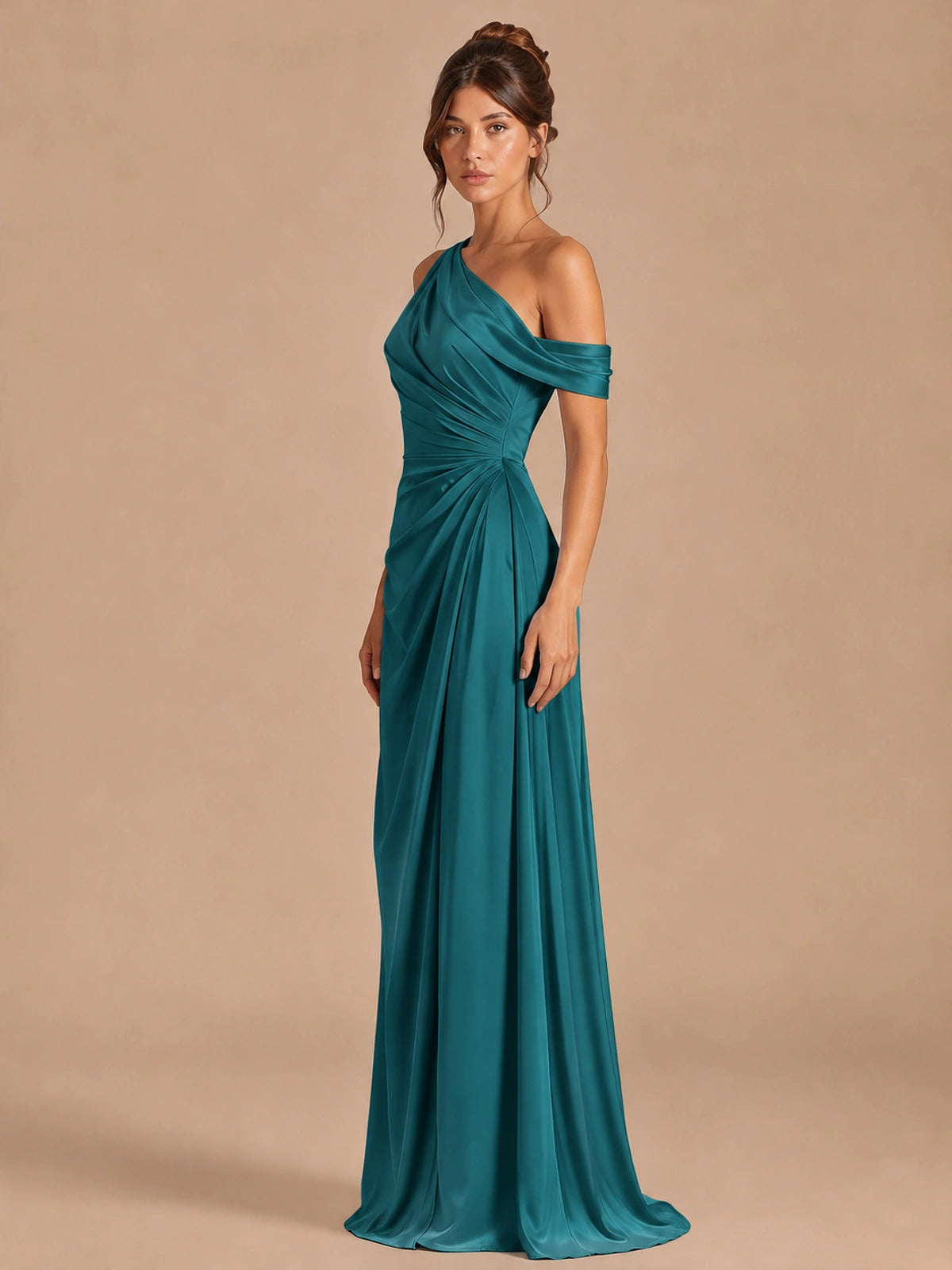 Satin One Shoulder Prom Dress Ruched Long Formal Evening Gown