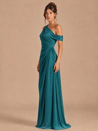 Satin One Shoulder Prom Dress Ruched Long Formal Evening Gown
