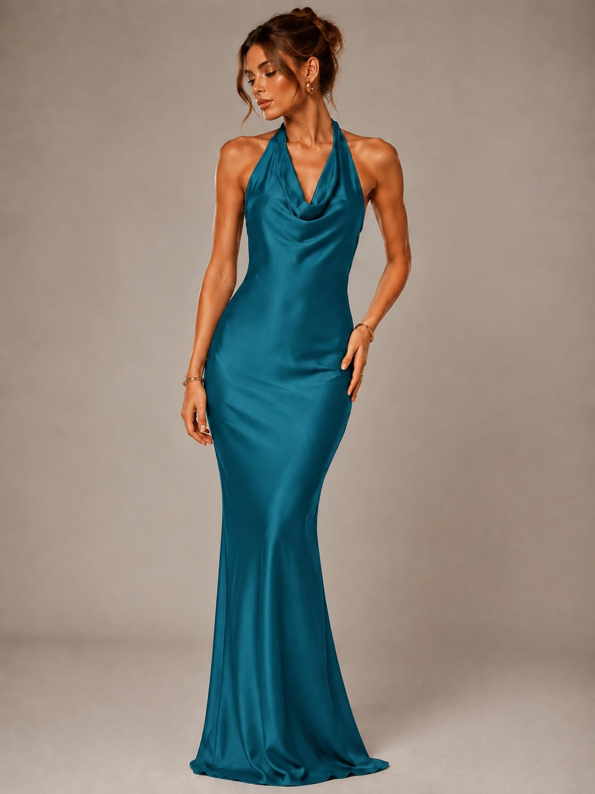 Olive Green Halter Satin Mermaid Maxi Dress