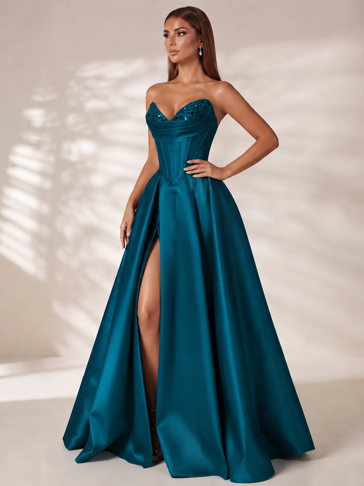 Strapless Corset Satin Prom Dress Long Evening Gown with High Slit